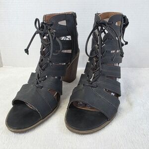 FARYL By Faryl Robin Side Zip Faux Leather‎ Caged Lace Up Heels Black 10